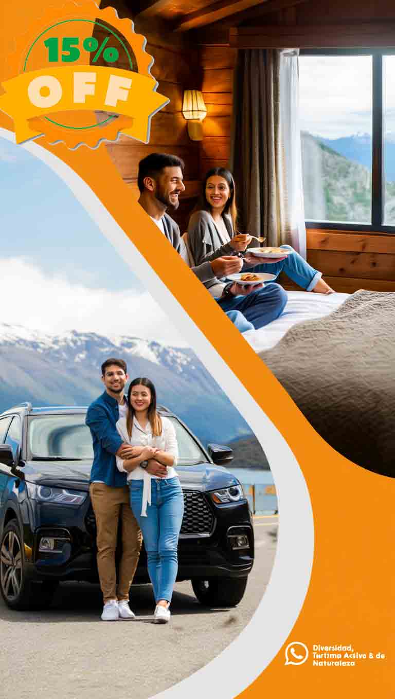Pareja disfrutando una estadía en alojamiento boutique con vista a la montaña, combinando relax y movilidad con el servicio de Rent a Car de Diversidad en Bariloche.