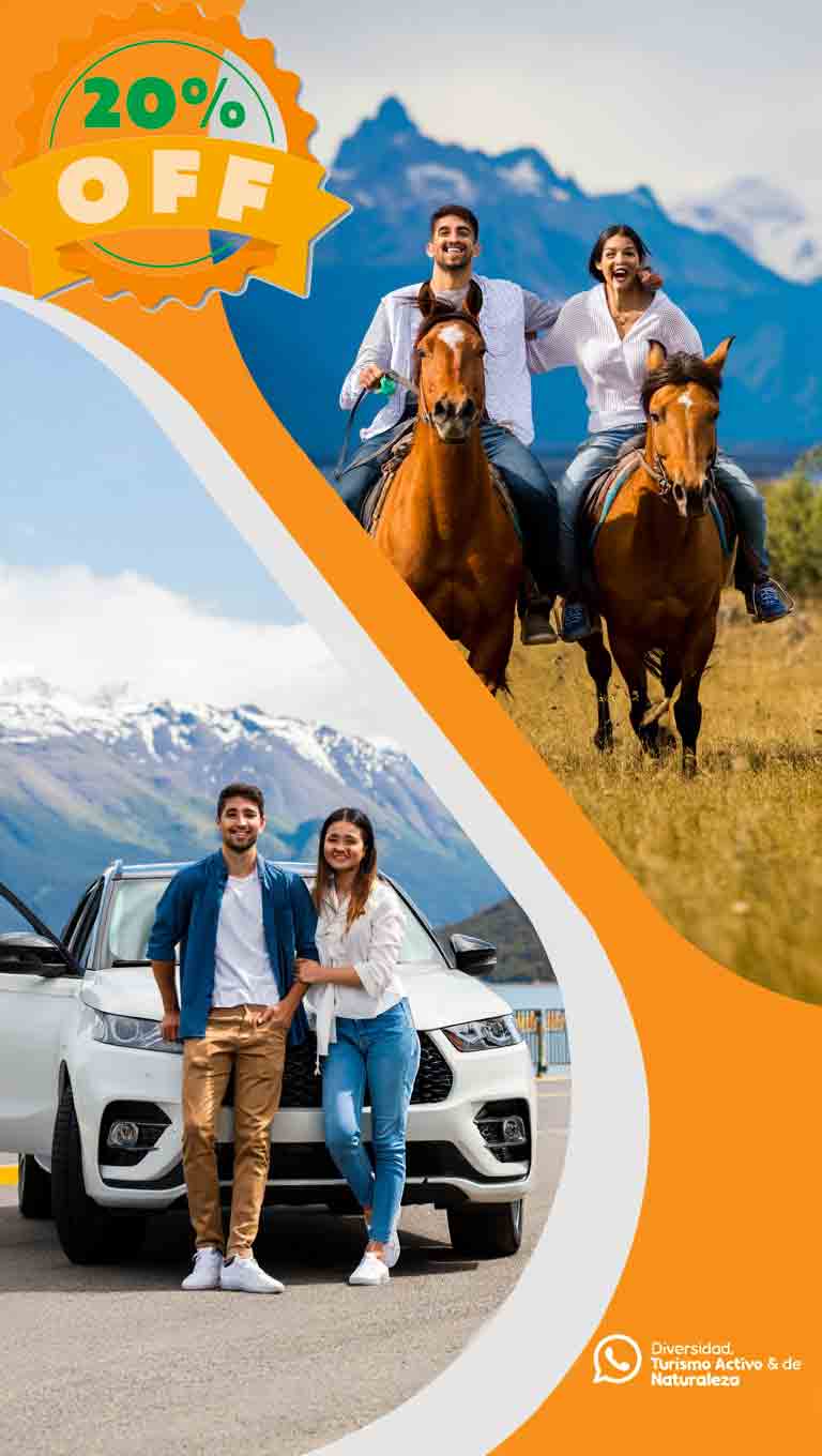 Pareja disfrutando una cabalgata con vista a la cordillera en Bariloche, combinando su auto de alquiler con experiencias auténticas de naturaleza junto a Diversidad Turismo Activo & de Naturaleza.