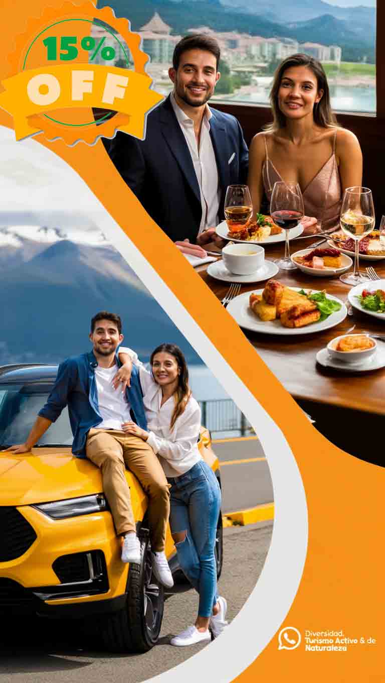 Pareja disfrutando una experiencia gourmet en San Carlos de Bariloche junto a su auto de alquiler con Diversidad. Turismo Activo & de Naturaleza.