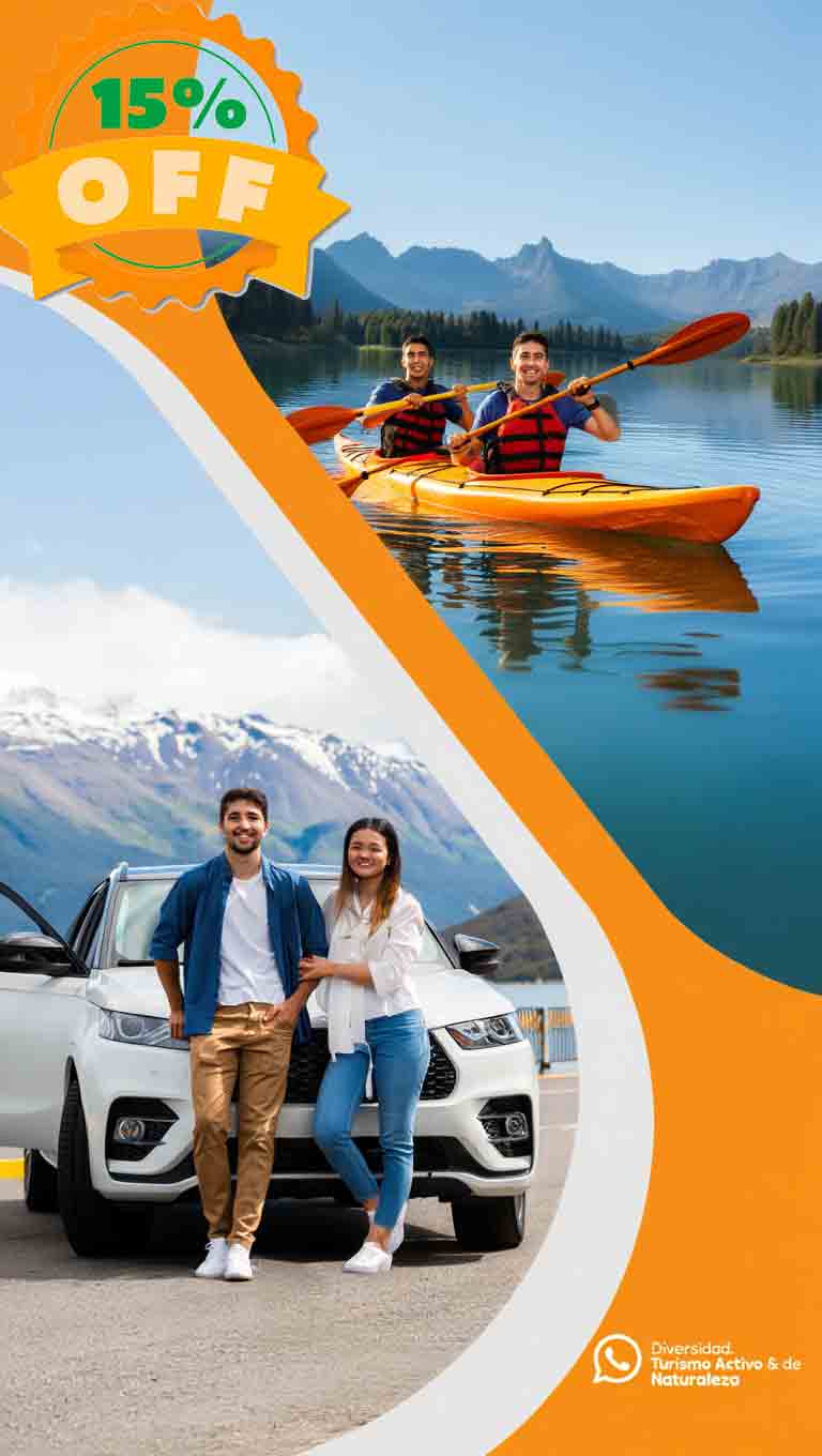 Pareja junto a su auto de alquiler y grupo disfrutando una experiencia en kayak en los lagos de San Carlos de Bariloche con Diversidad. Turismo Activo & de Naturaleza.