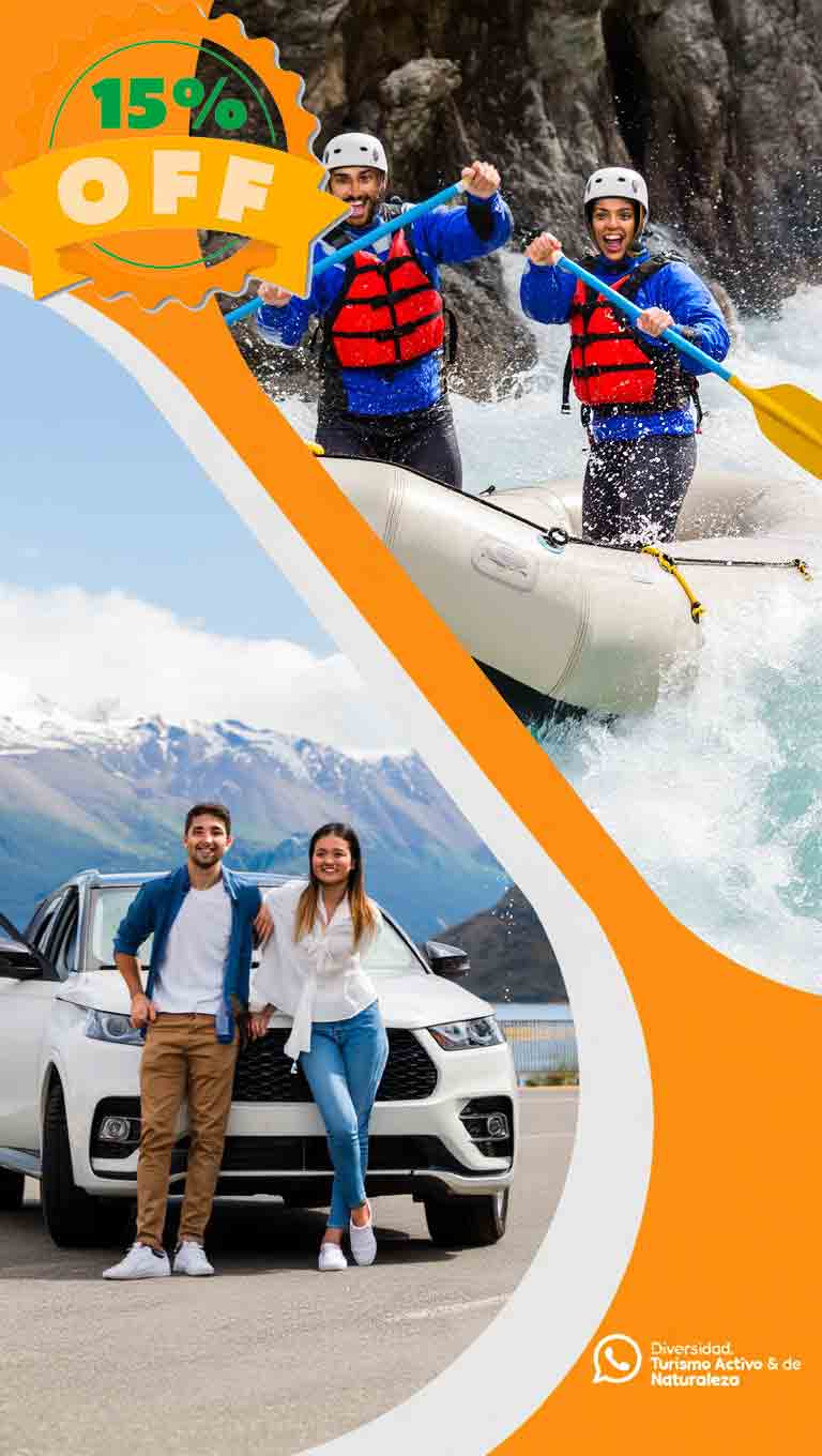 Pareja junto a su auto de alquiler disfrutando una experiencia de rafting en San Carlos de Bariloche con Diversidad. Turismo Activo & de Naturaleza.