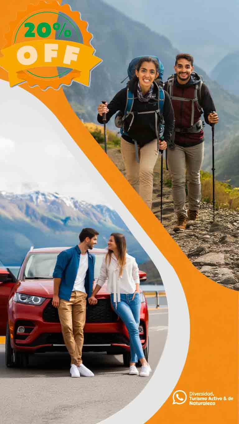 Pareja disfrutando una experiencia de trekking en las montañas de Bariloche junto a su auto de alquiler con Diversidad. Turismo Activo & de Naturaleza.