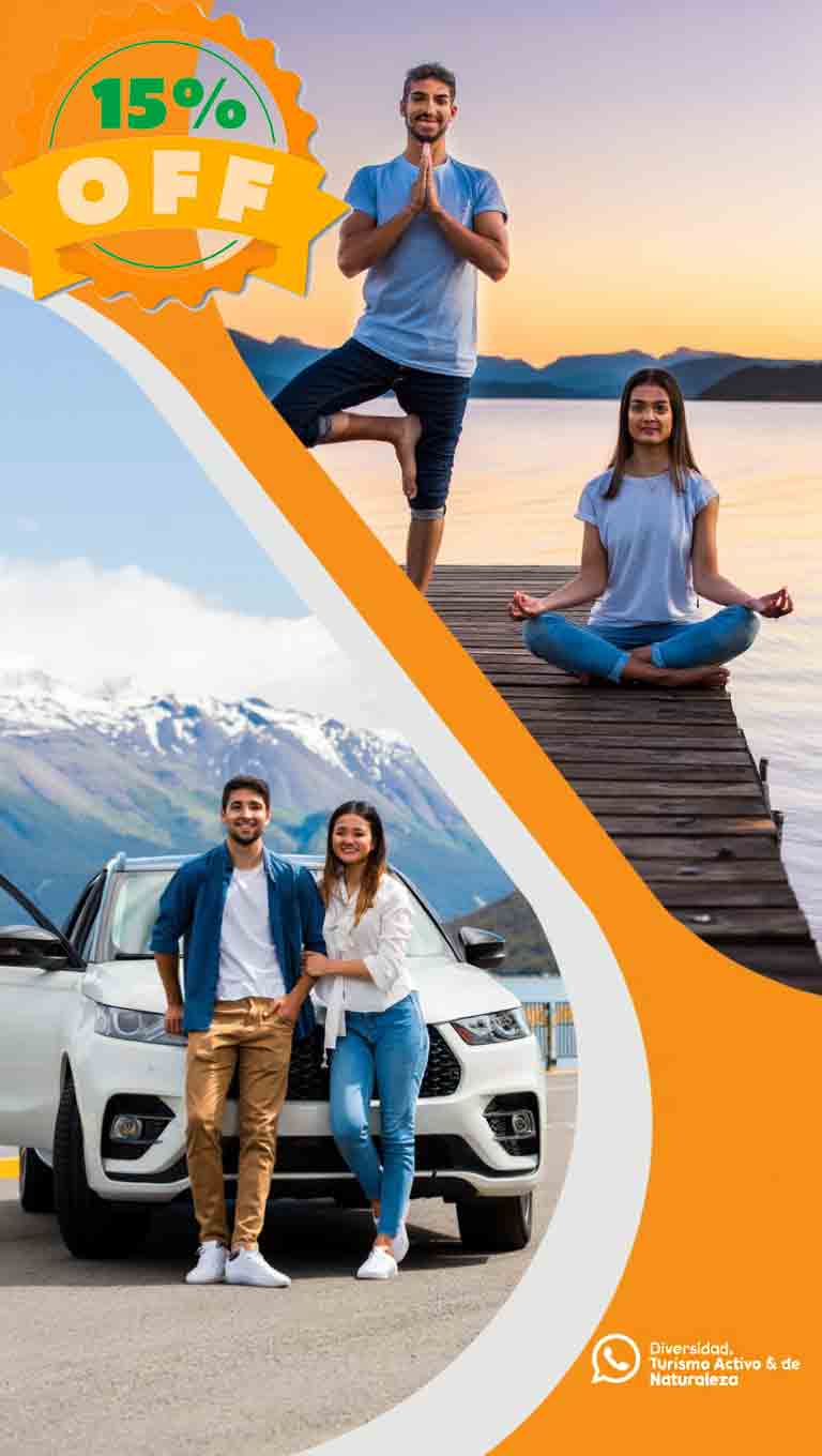 Pareja junto a su auto de alquiler y personas practicando yoga al atardecer frente al lago en San Carlos de Bariloche con Diversidad. Turismo Activo & de Naturaleza.