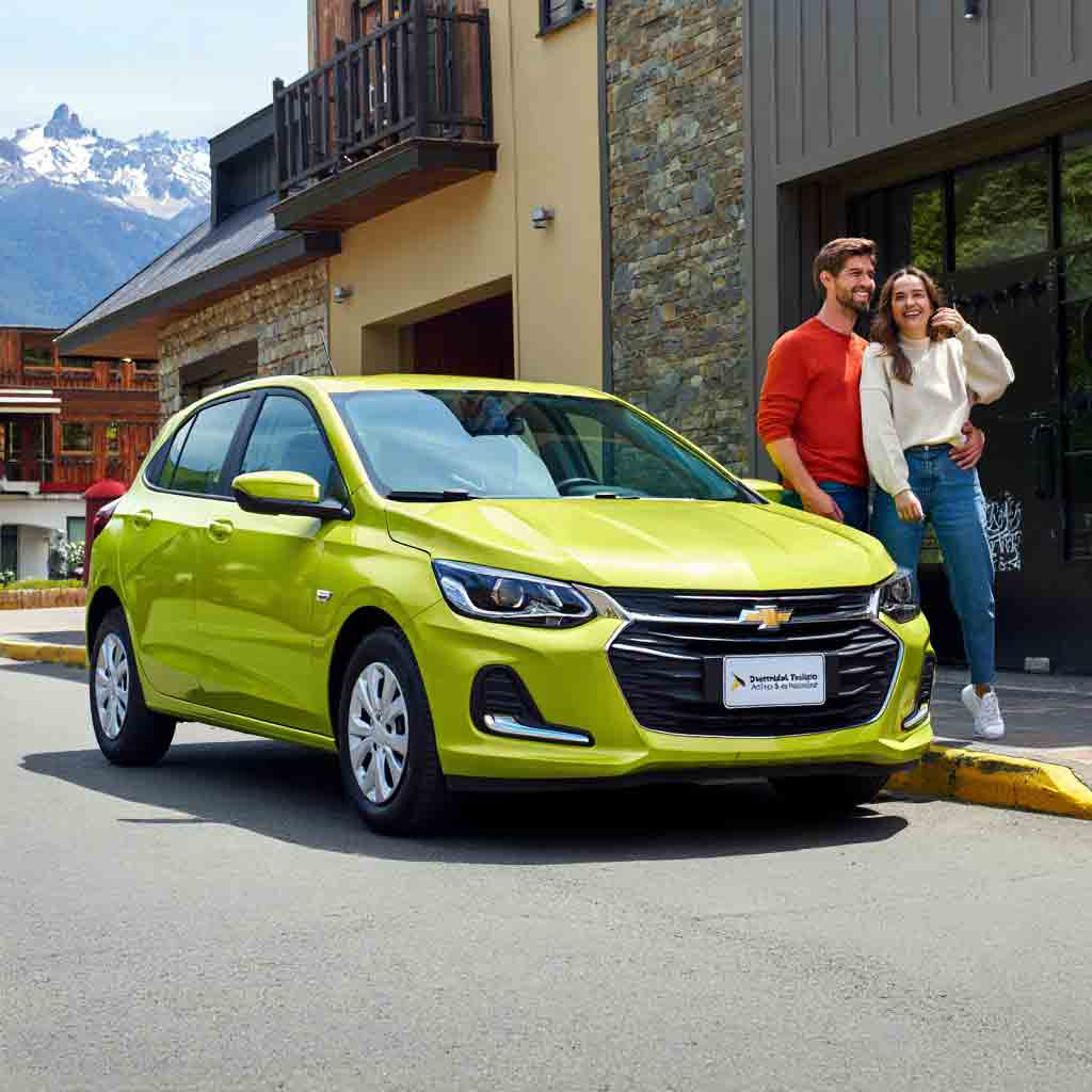 Pareja junto a un Chevrolet Onix de alquiler en San Carlos de Bariloche, con construcciones patagónicas y montañas de fondo. Servicio Rent a Car de Diversidad. Turismo Activo & de Naturaleza.