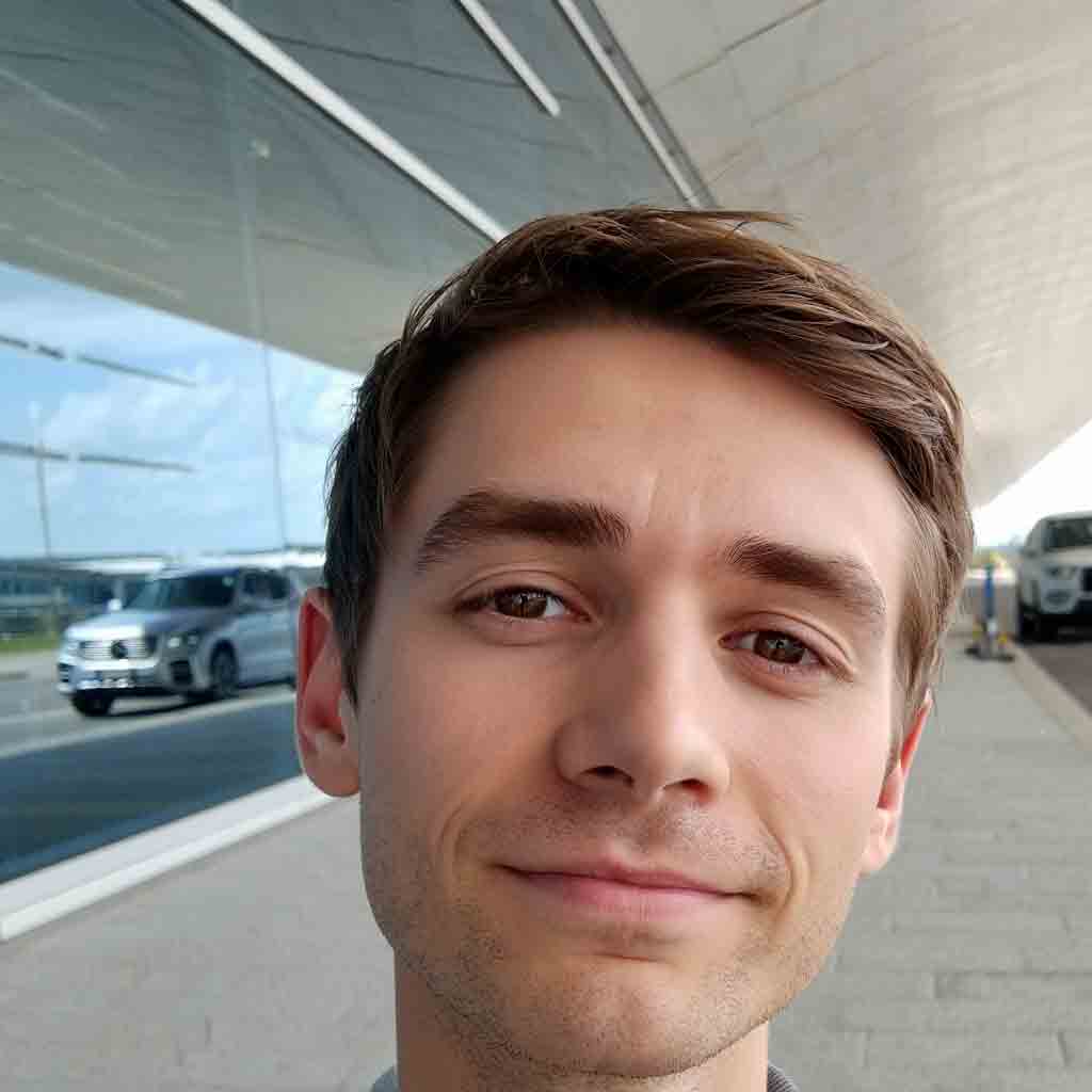 Retrato de Lucas P., cliente de Rosario, sonriendo frente al aeropuerto antes de iniciar su viaje con el Rent a Car de Diversidad. Turismo Activo & de Naturaleza.