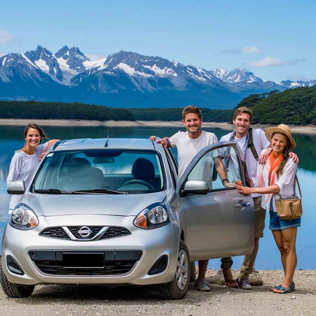 Grupo de viajeros junto a un Nissan March alquilado en San Carlos de Bariloche, con vista al lago y montañas, parte del servicio Rent a Car de Diversidad. Turismo Activo & de Naturaleza.