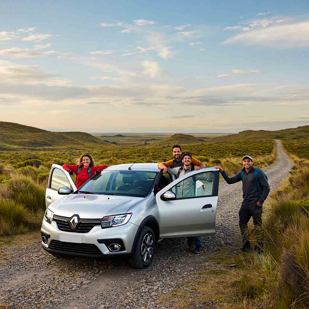 Renault Logan de alquiler en San Carlos de Bariloche, en un camino de ripio rodeado de montañas y vegetación, con un grupo de amigos disfrutando de la experiencia. Servicio Rent a Car de Diversidad. Turismo Activo & de Naturaleza.